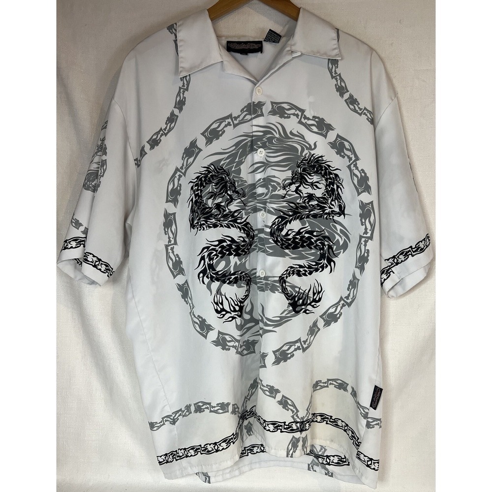 VTG Sapphire Lounge Shirt Mens XL White Black Button Up Dragon Flames y2k STAINS